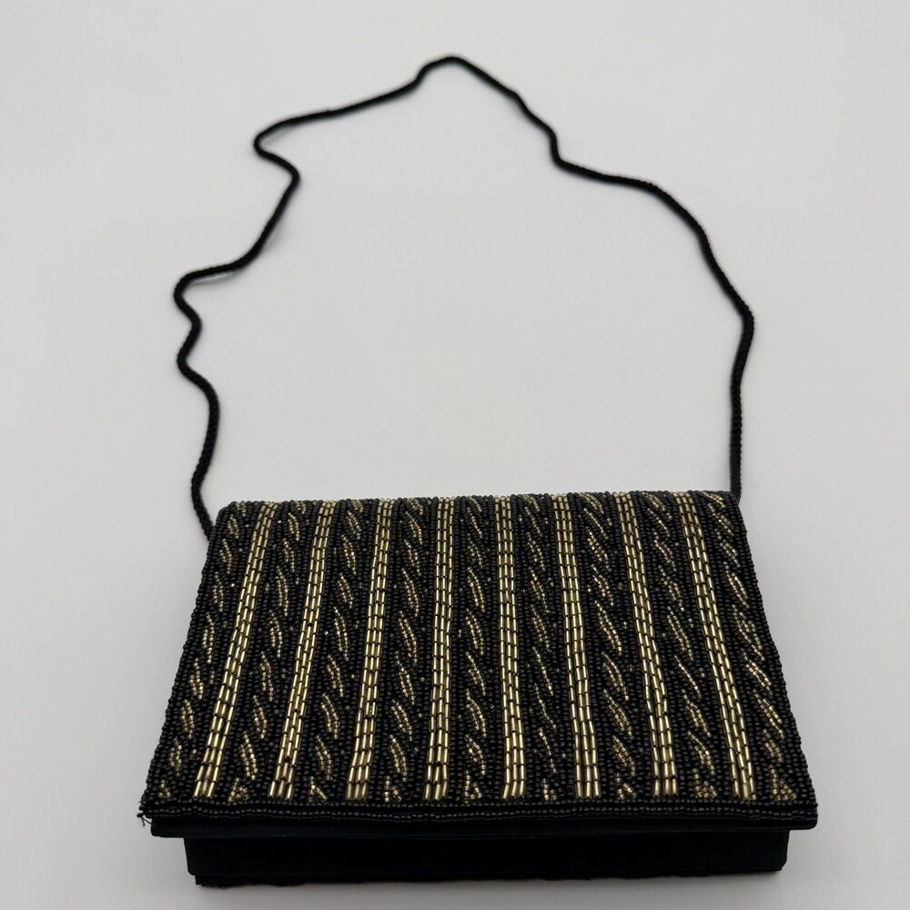 Talbots Beaded Small Black & Gold Clutch Bag 5 x 7.5 Formal Wedding - Picture 5 of 9